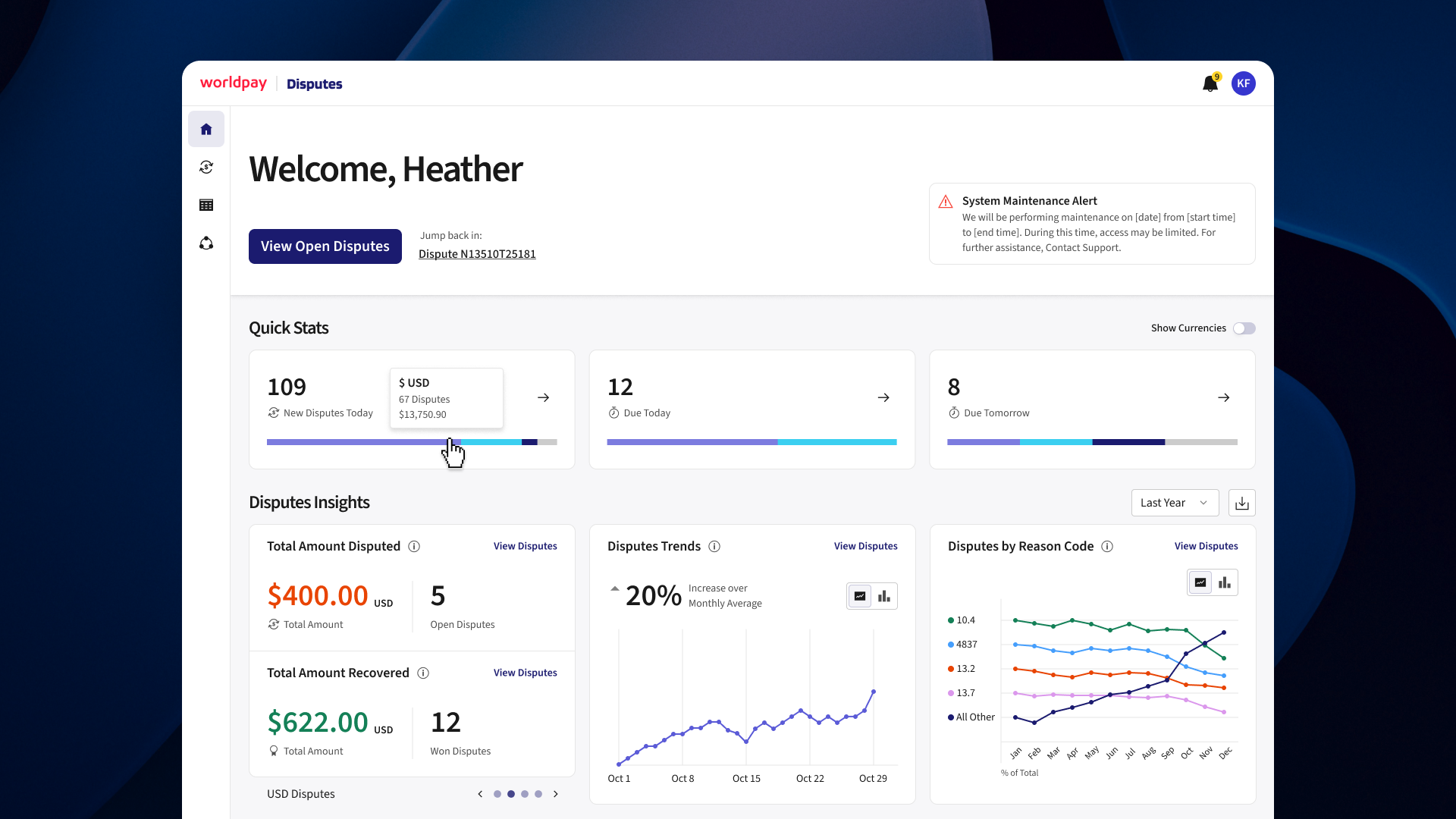 Worldpay Disputes dashboard