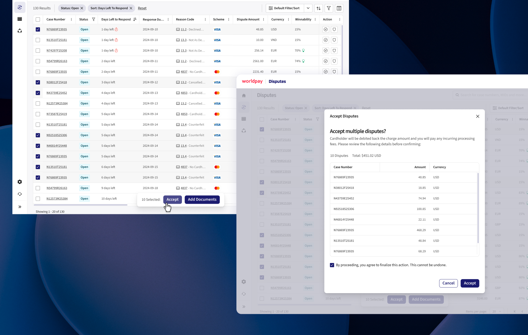 Bulk action workflow — accept multiple disputes